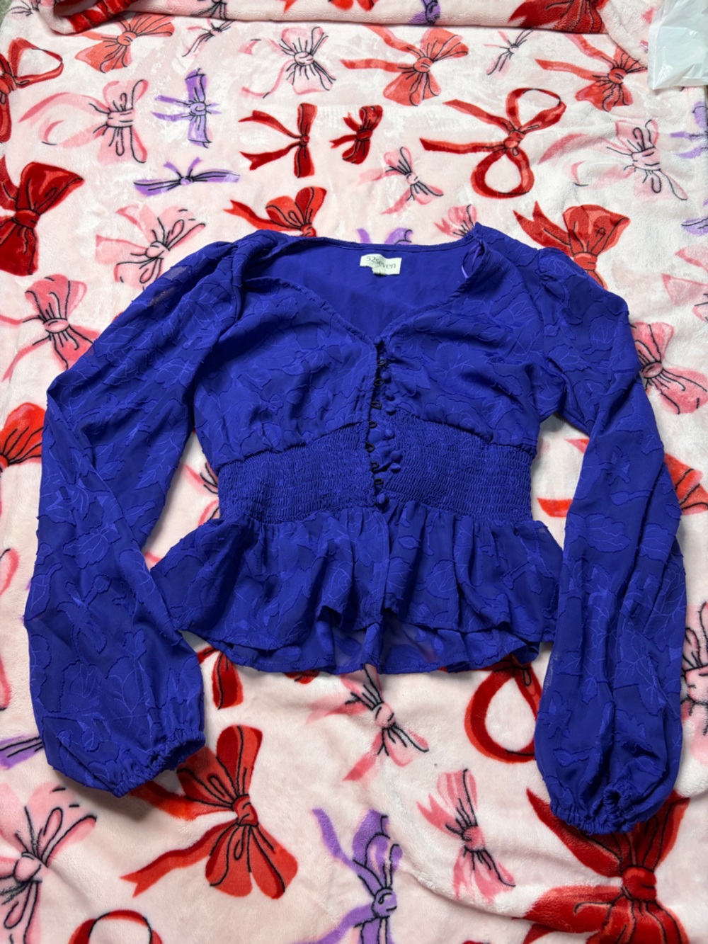 Smocked Waist Puff Sleeve Blouse in Deep Blue by Seven7